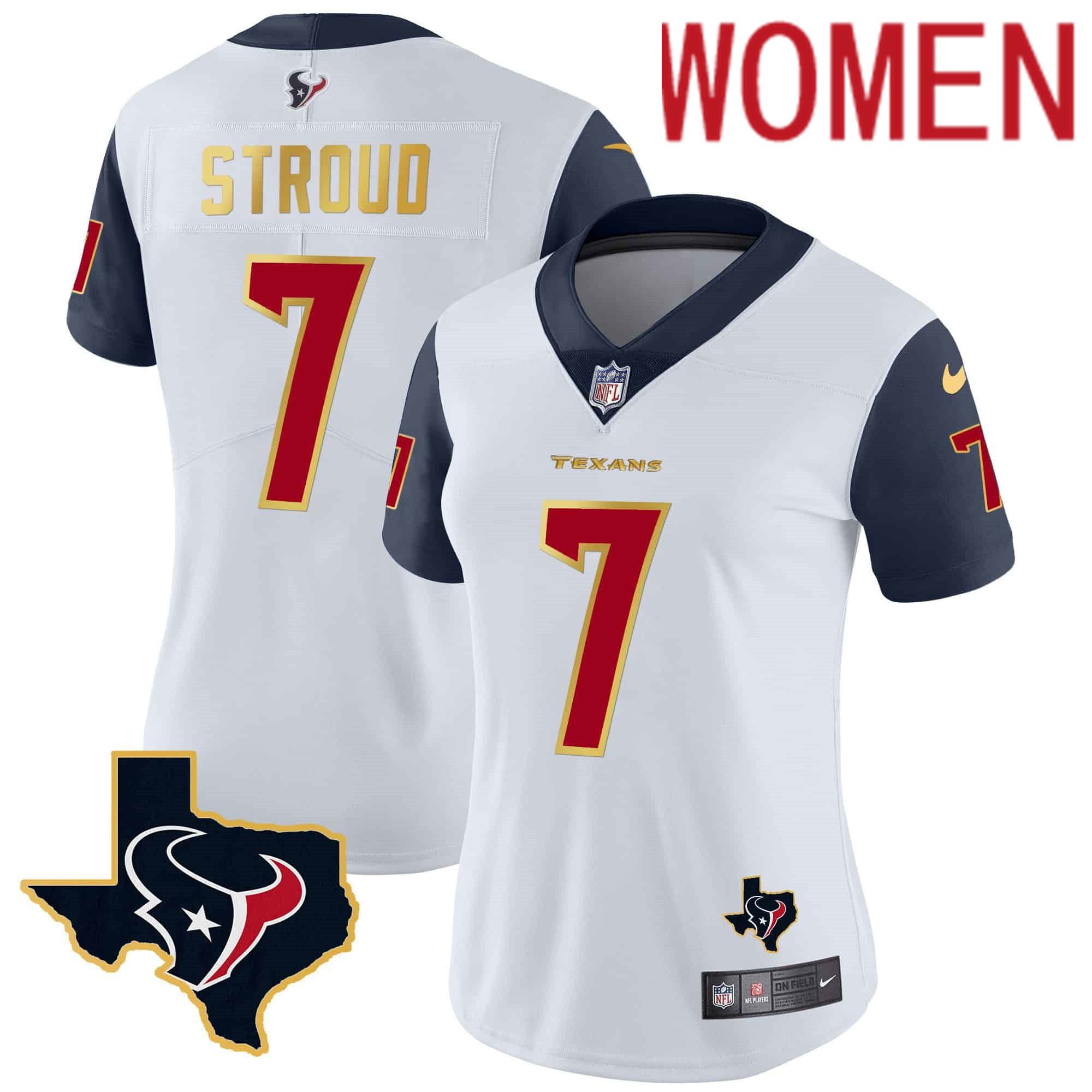Women Houston Texans #7 Stroud White Gold 2024 Nike Trim Vapor NFL Jersey style 1